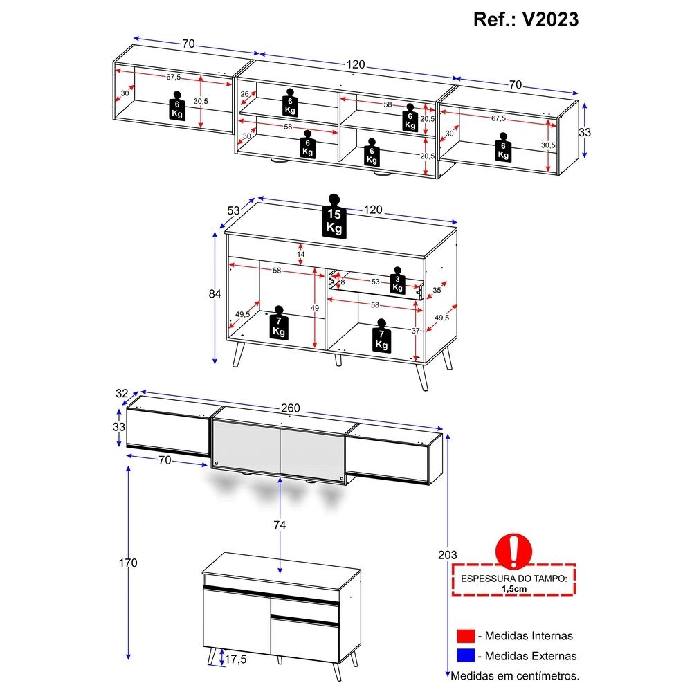 Armário de Cozinha Compacta 260cm com Leds Veneza Up Multimóveis V2023 Branco/Dourado