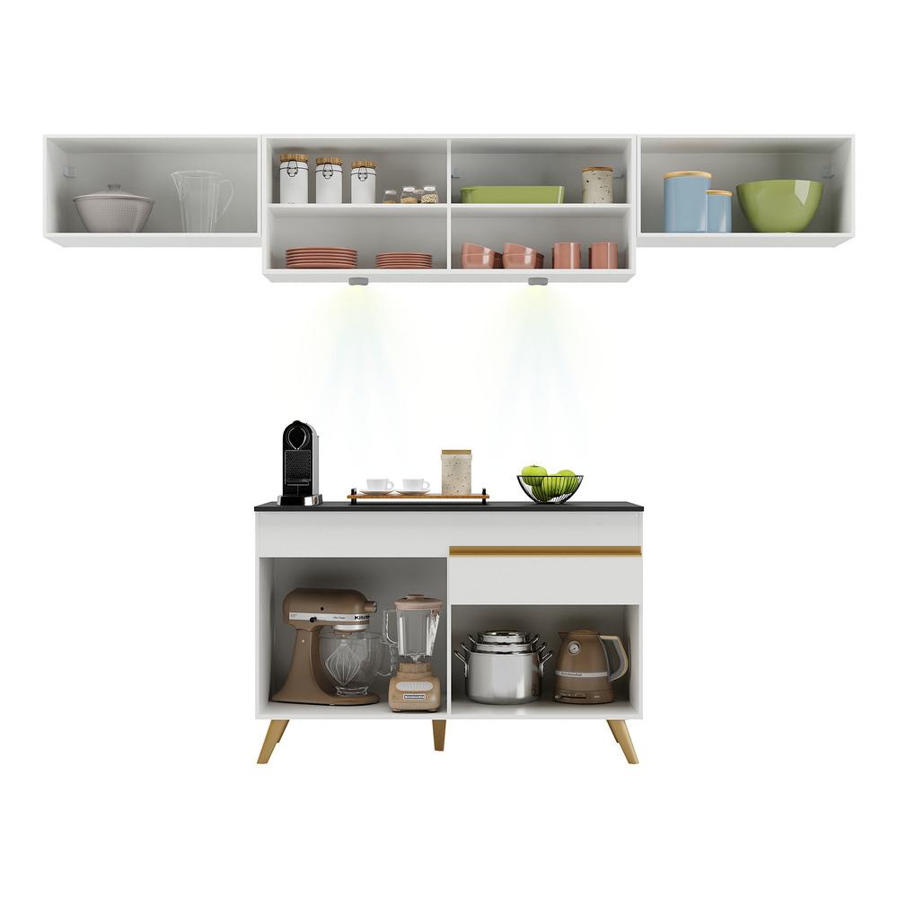 Armário de Cozinha Compacta 260cm com Leds Veneza Up Multimóveis V2023 Branco/Dourado