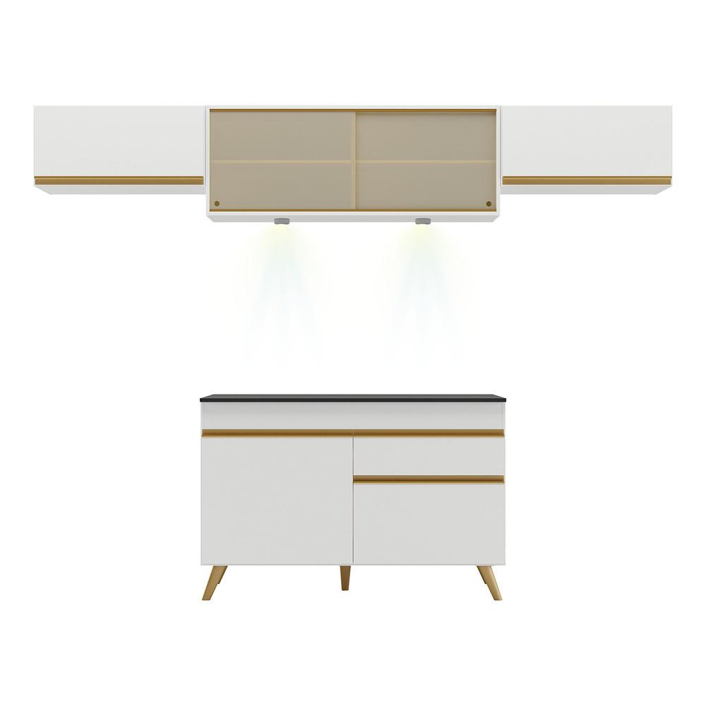 Armário de Cozinha Compacta 260cm com Leds Veneza Up Multimóveis V2023 Branco/Dourado