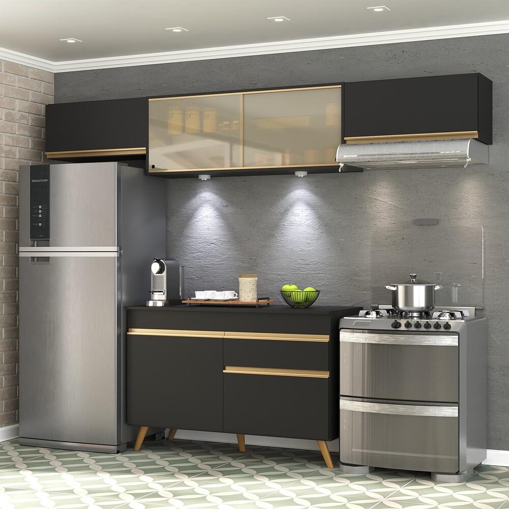 Armário de Cozinha Compacta 260cm com Leds Veneza Up Multimóveis V2023 Preto/Dourado