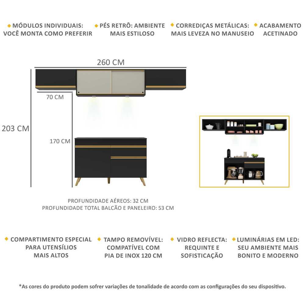Armário de Cozinha Compacta 260cm com Leds Veneza Up Multimóveis V2023 Preto/Dourado