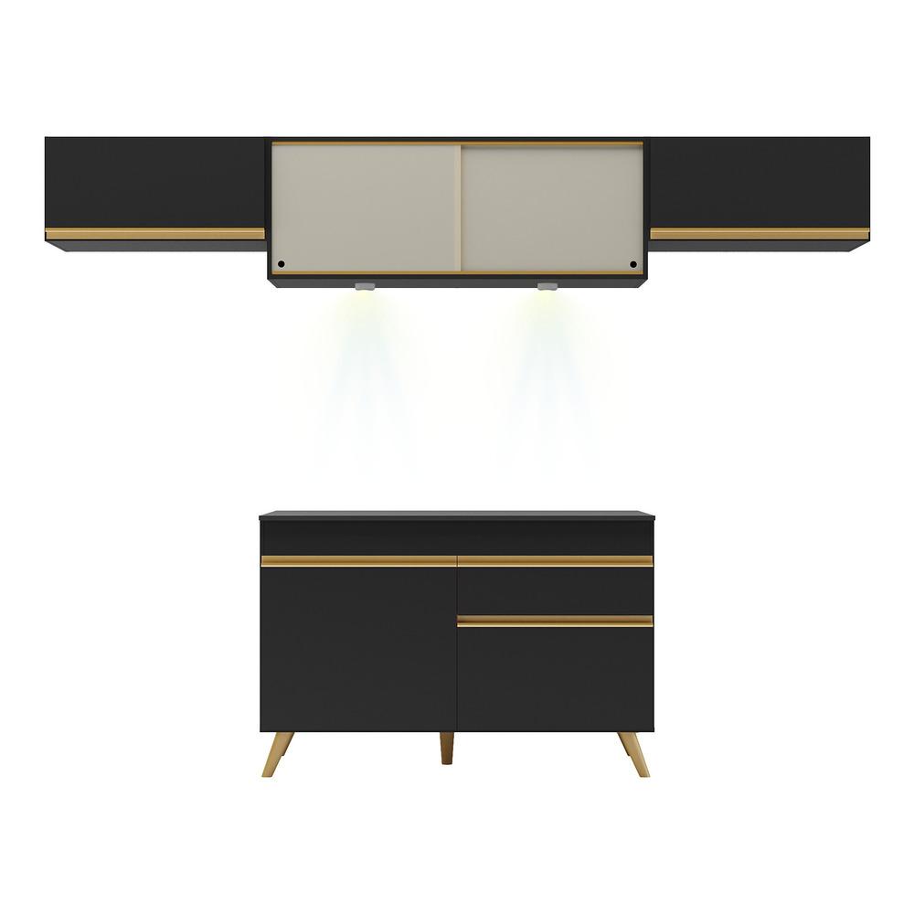 Armário de Cozinha Compacta 260cm com Leds Veneza Up Multimóveis V2023 Preto/Dourado