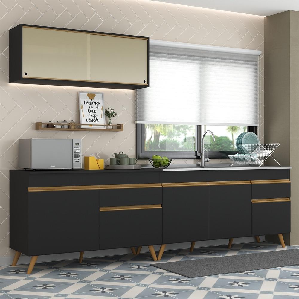 Armário de Cozinha Compacta 270cm Veneza Multimóveis V2077 Preto/Dourado