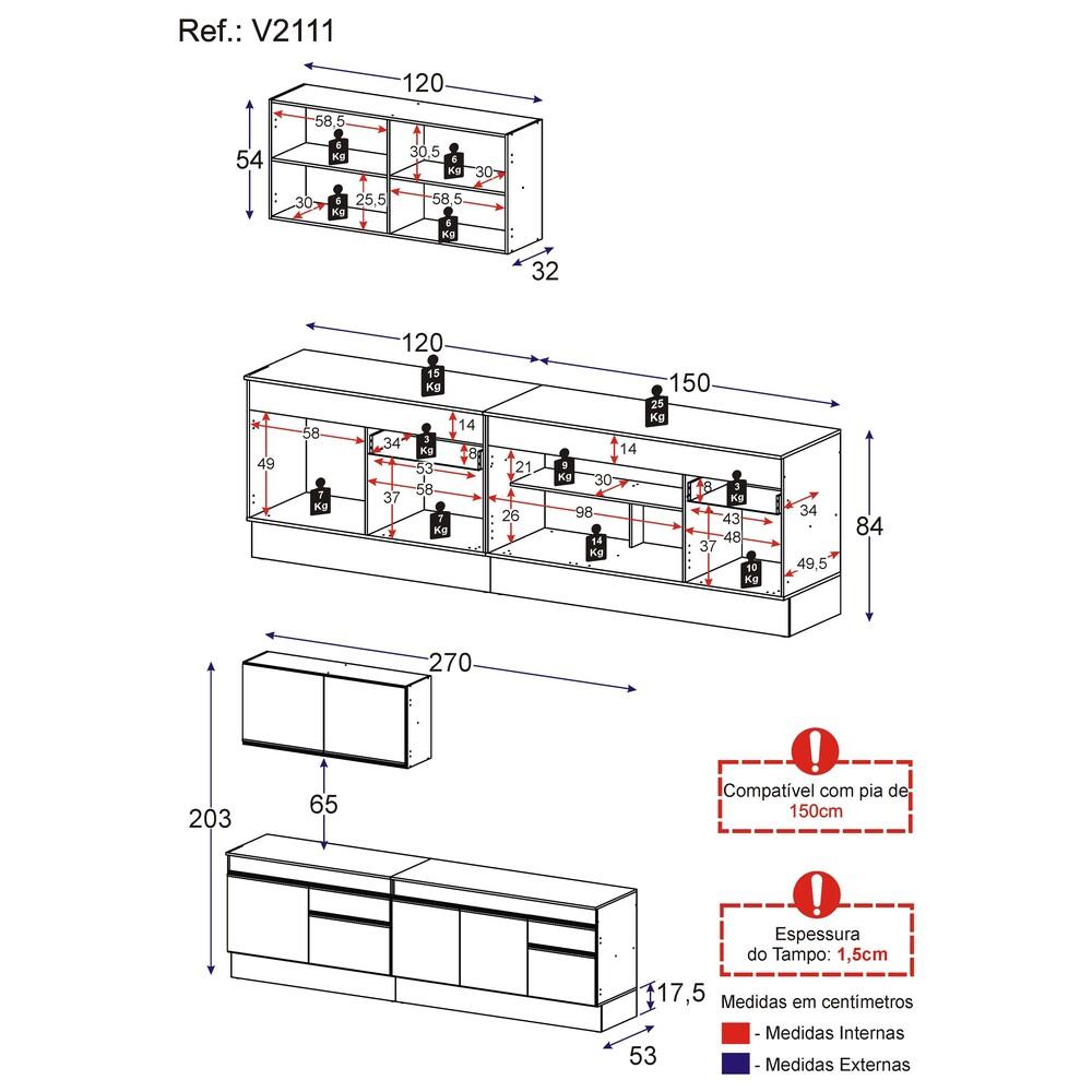 Armário de Cozinha Compacta 270cm com Rodapé Veneza Multimóveis V2111 Branco