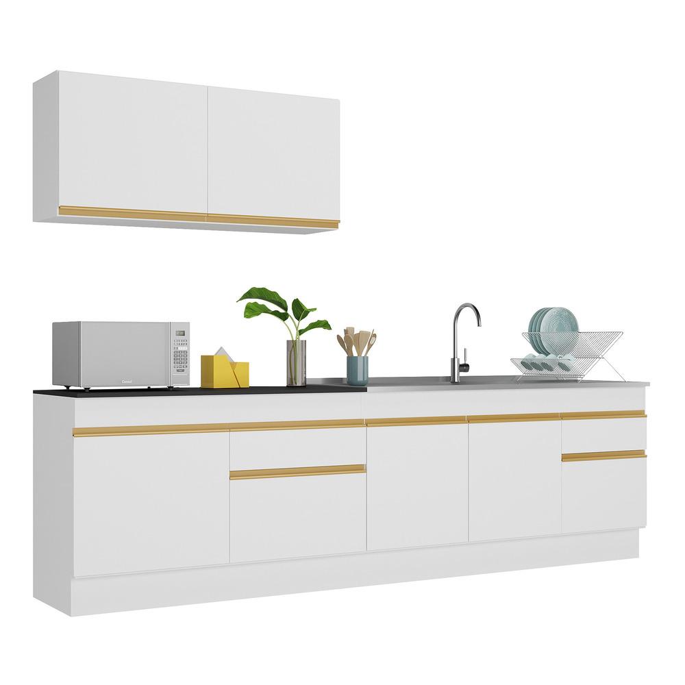 Armário de Cozinha Compacta 270cm com Rodapé Veneza Multimóveis V2111 Branco/Dourado