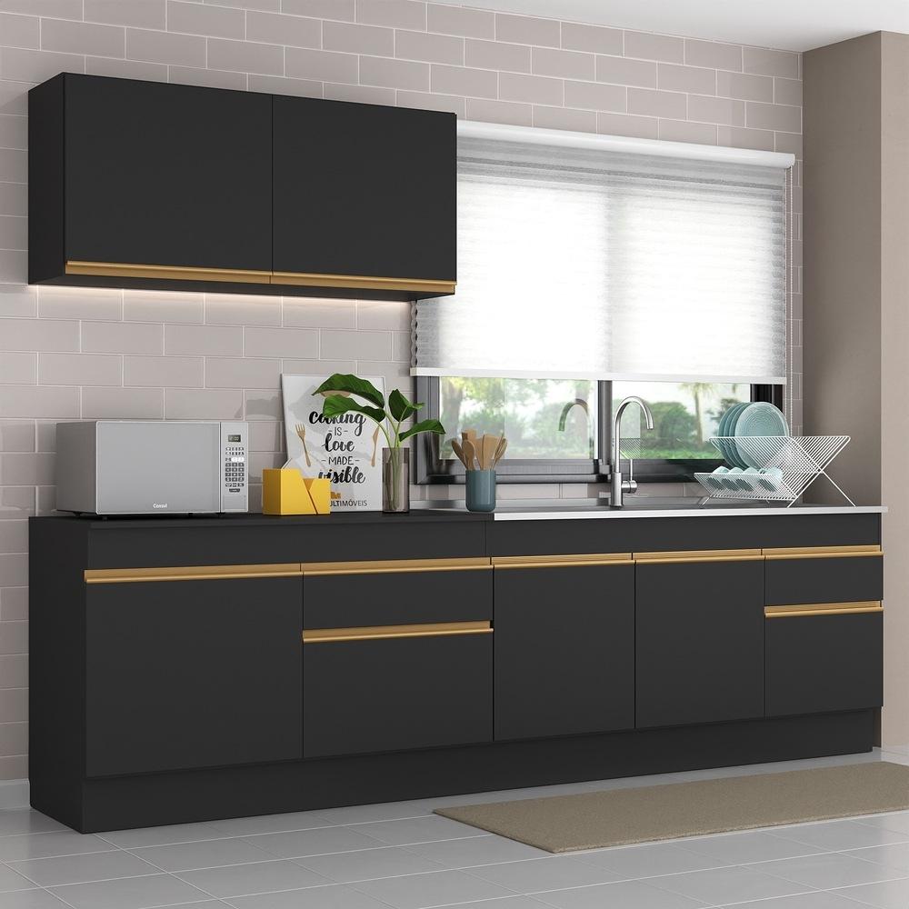 Armário de Cozinha Compacta 270cm com Rodapé Veneza Multimóveis V2111 Preto/Dourado