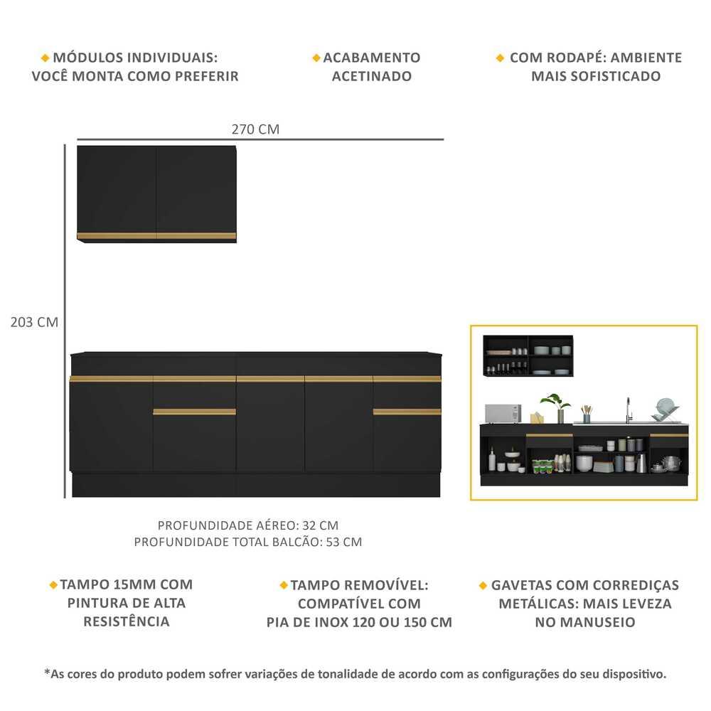 Armário de Cozinha Compacta 270cm com Rodapé Veneza Multimóveis V2111 Preto/Dourado