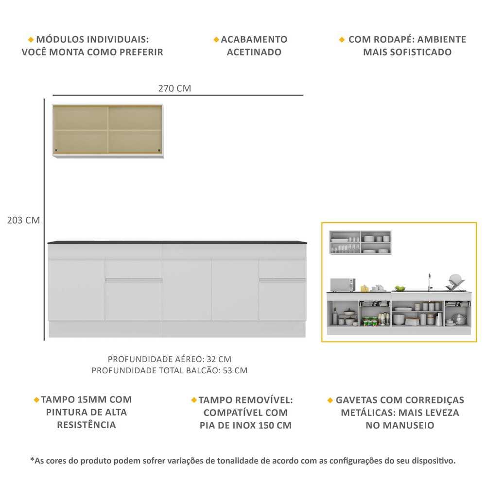 Armário de Cozinha Compacta 270cm com Rodapé Veneza Multimóveis V2112 Branco