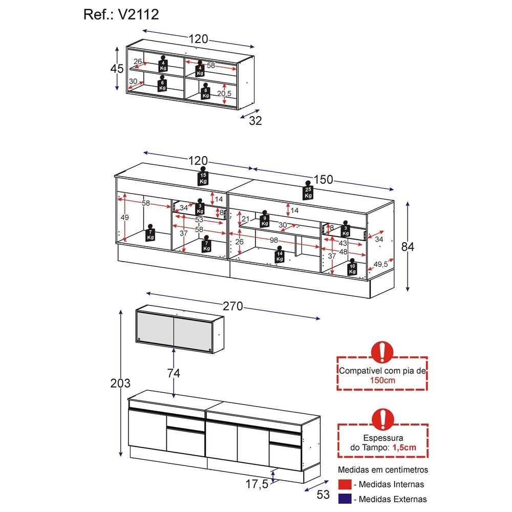 Armário de Cozinha Compacta 270cm com Rodapé Veneza Multimóveis V2112 Branco/Preto