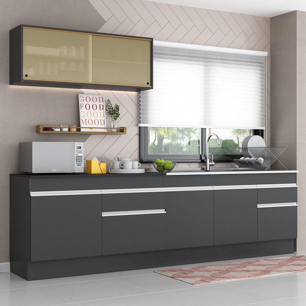 Armário de Cozinha Compacta 270cm com Rodapé Veneza Multimóveis V2112 Preto/Branco