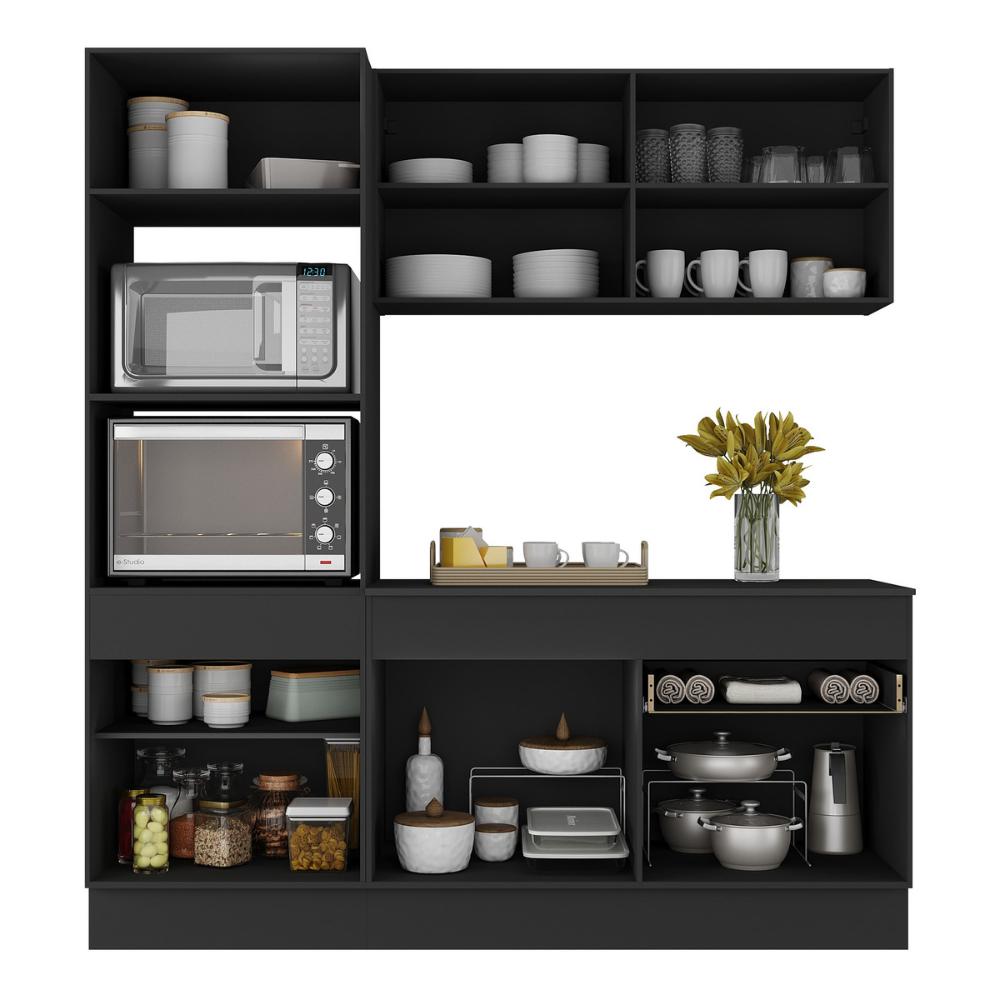 Armário de Cozinha Compacta 3 peças com Rodapé MP2177 Made Multimóveis Preto/Dourado