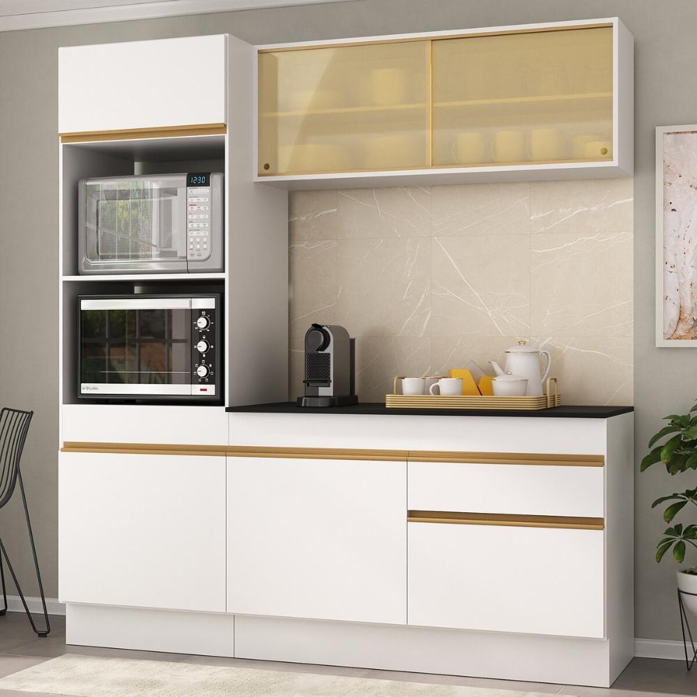 Armário de Cozinha Compacta 3 peças com Rodapé MP2178 Made Multimóveis Branco/Dourado