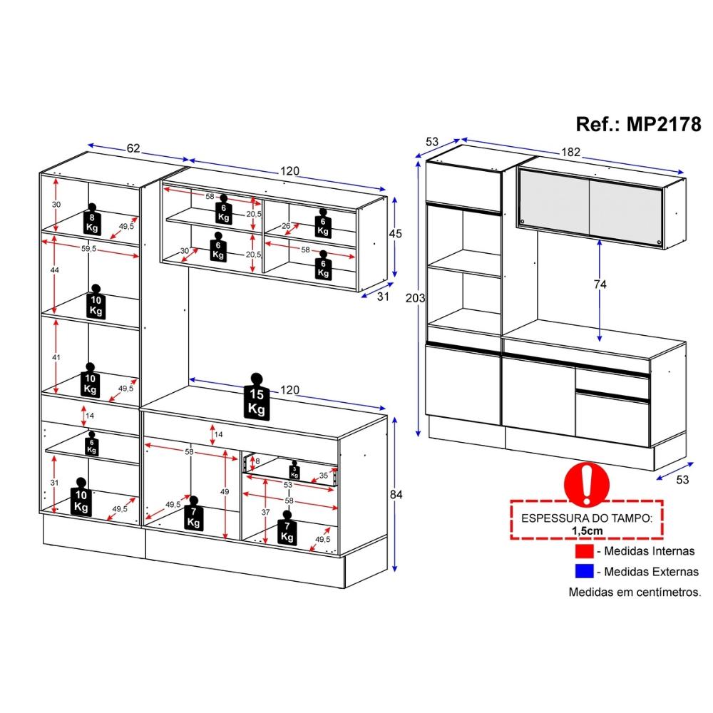 Armário de Cozinha Compacta 3 peças com Rodapé MP2178 Made Multimóveis Preto