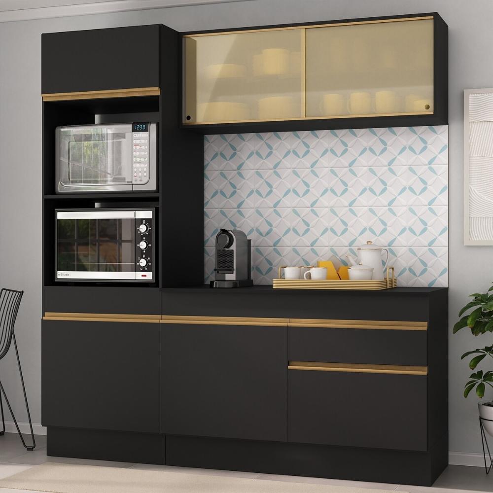 Armário de Cozinha Compacta 3 peças com Rodapé MP2178 Made Multimóveis Preto/Dourado