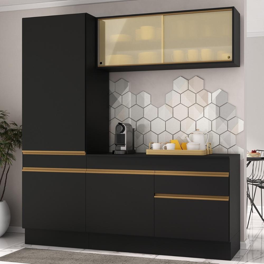 Armário de Cozinha Compacta 3 peças com Rodapé MP2179 Made Multimóveis Preto/Dourado