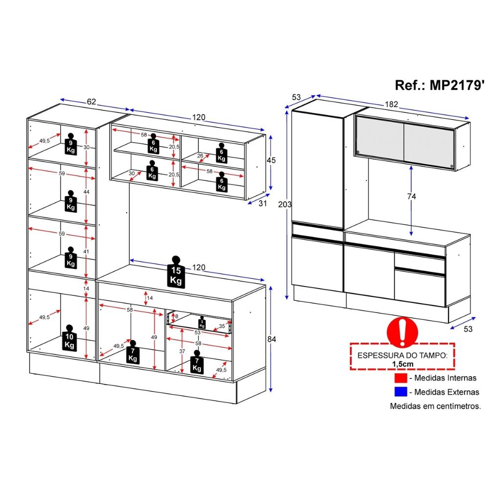 Armário de Cozinha Compacta 3 peças com Rodapé MP2179 Made Multimóveis Preto/Dourado