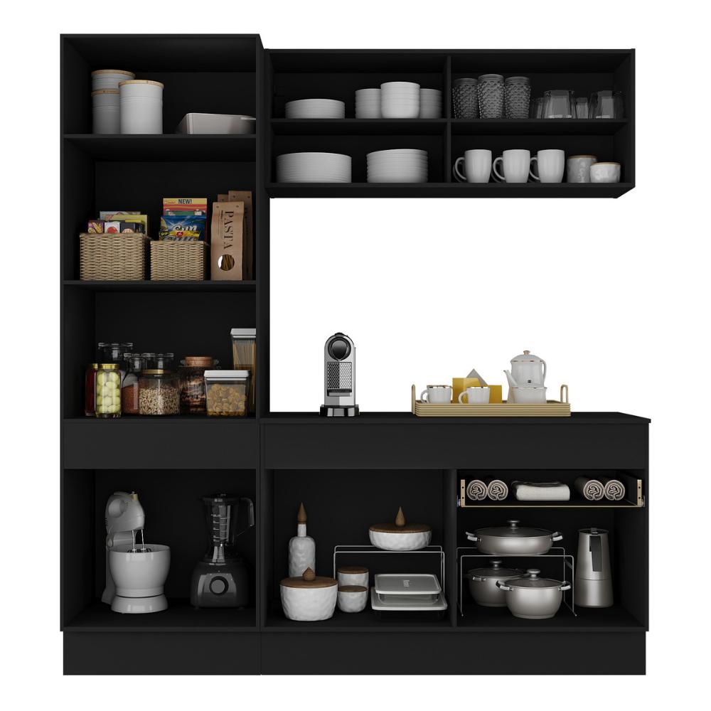 Armário de Cozinha Compacta 3 peças com Rodapé MP2179 Made Multimóveis Preto/Dourado