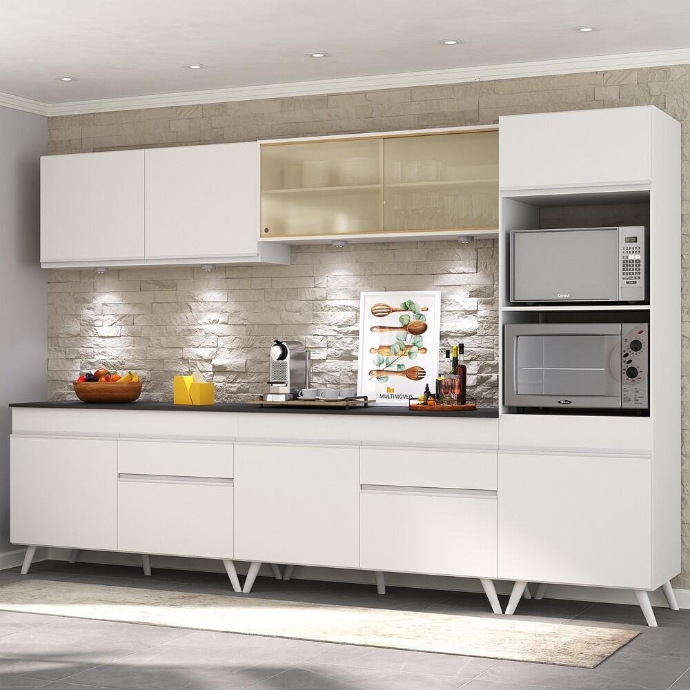 Armário de Cozinha Compacta 302cm com Leds Veneza Up Multimóveis V2014 Branco