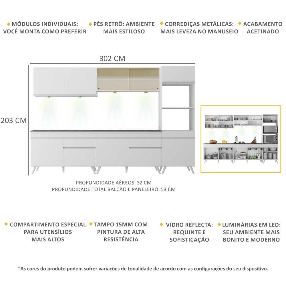 Armário de Cozinha Compacta 302cm com Leds Veneza Up Multimóveis V2014 Branco
