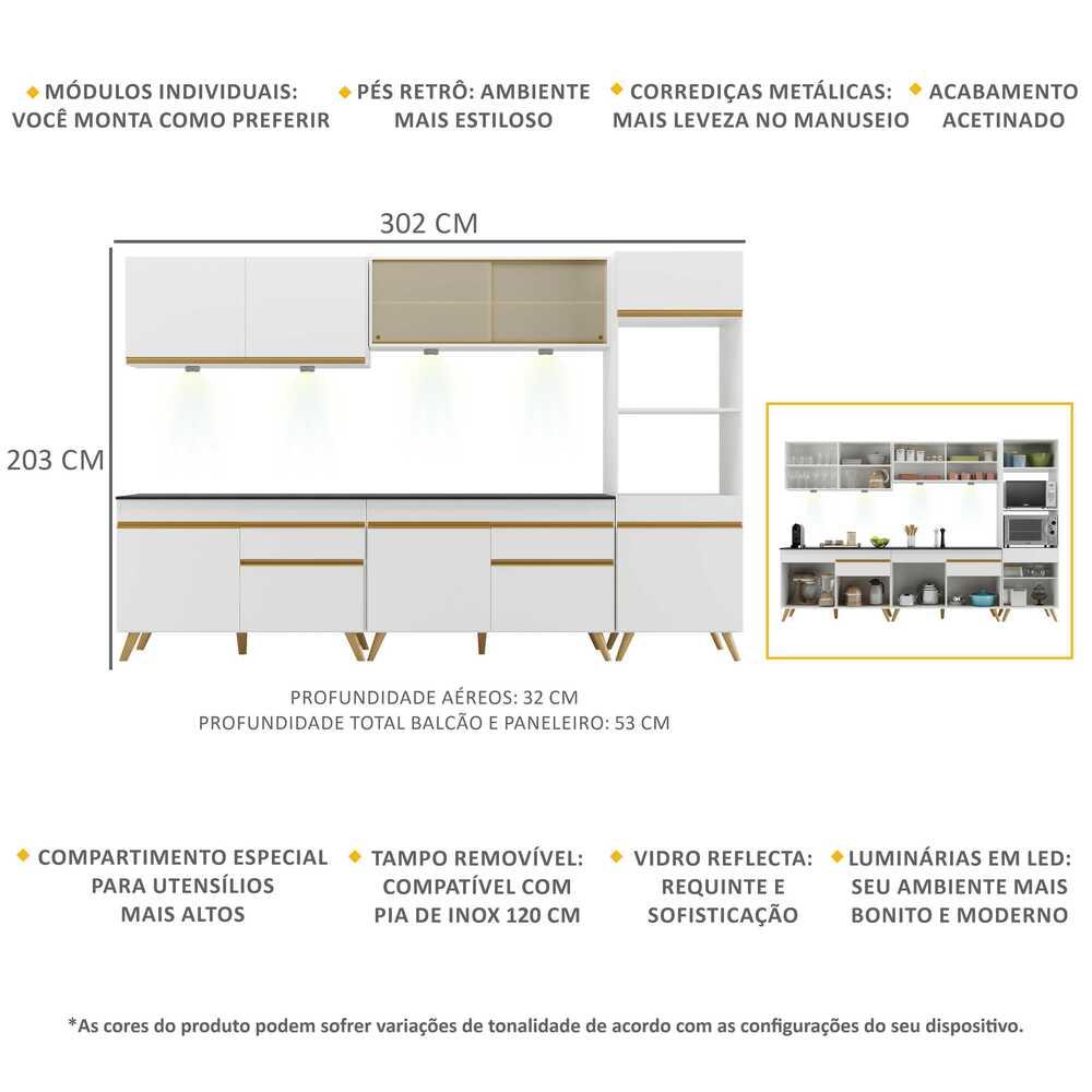 Armário de Cozinha Compacta 302cm com Leds Veneza Up Multimóveis V2014 Branco/Dourado