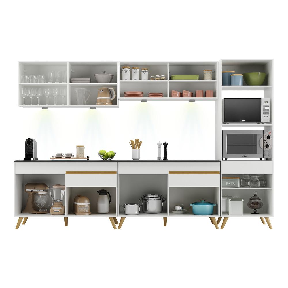 Armário de Cozinha Compacta 302cm com Leds Veneza Up Multimóveis V2014 Branco/Dourado