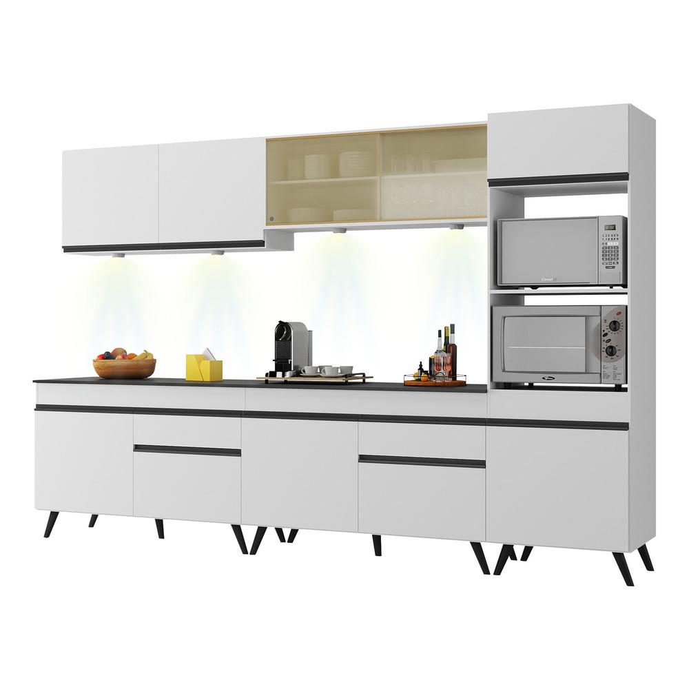 Armário de Cozinha Compacta 302cm com Leds Veneza Up Multimóveis V2014 Branco/Preto