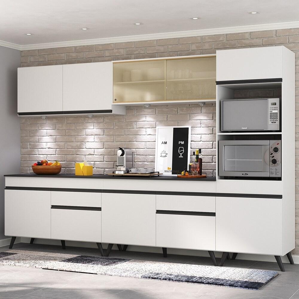 Armário de Cozinha Compacta 302cm com Leds Veneza Up Multimóveis V2014 Branco/Preto