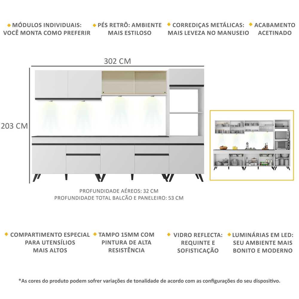 Armário de Cozinha Compacta 302cm com Leds Veneza Up Multimóveis V2014 Branco/Preto