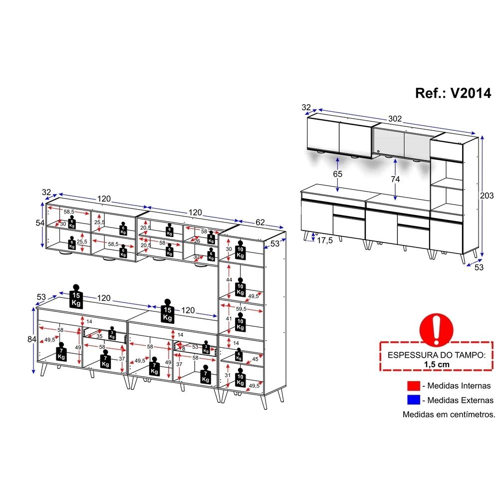 Armário de Cozinha Compacta 302cm com Leds Veneza Up Multimóveis V2014 Branco/Preto