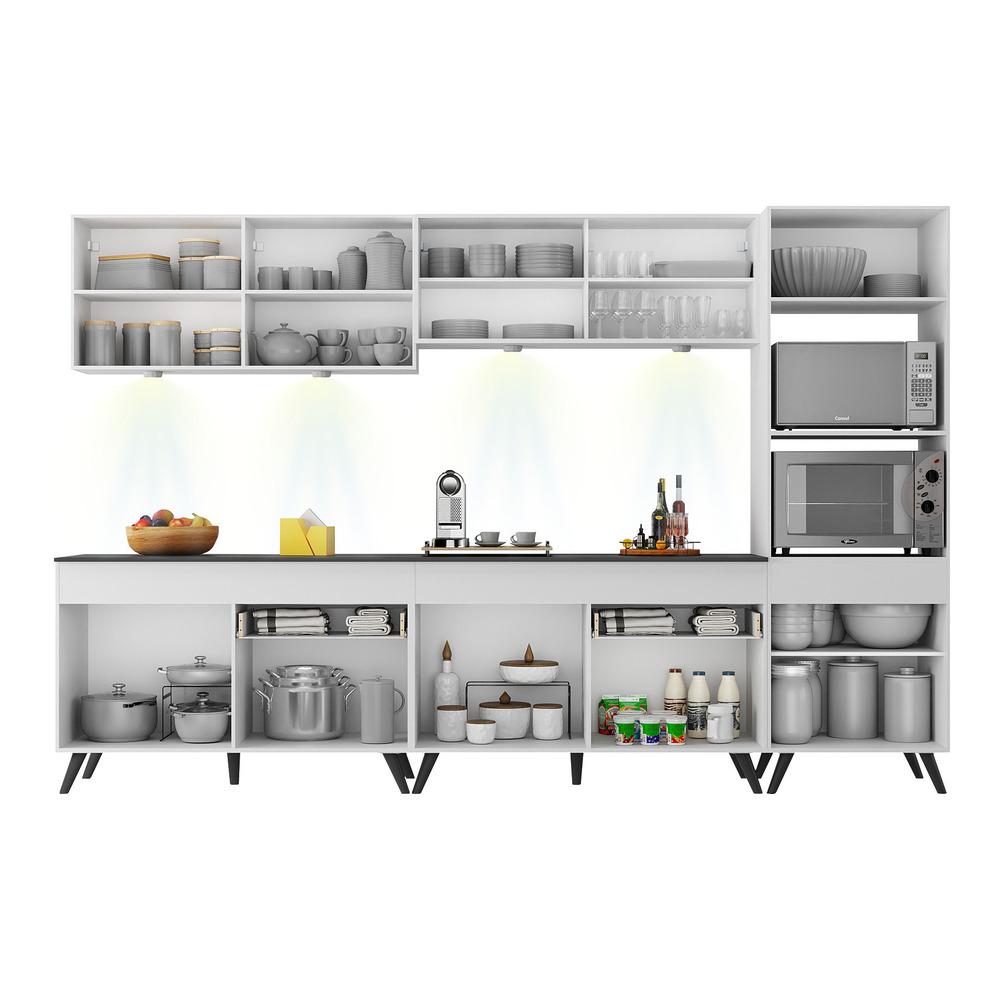 Armário de Cozinha Compacta 302cm com Leds Veneza Up Multimóveis V2014 Branco/Preto