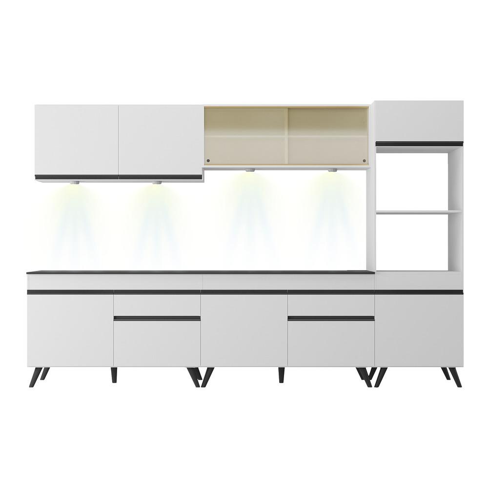 Armário de Cozinha Compacta 302cm com Leds Veneza Up Multimóveis V2014 Branco/Preto