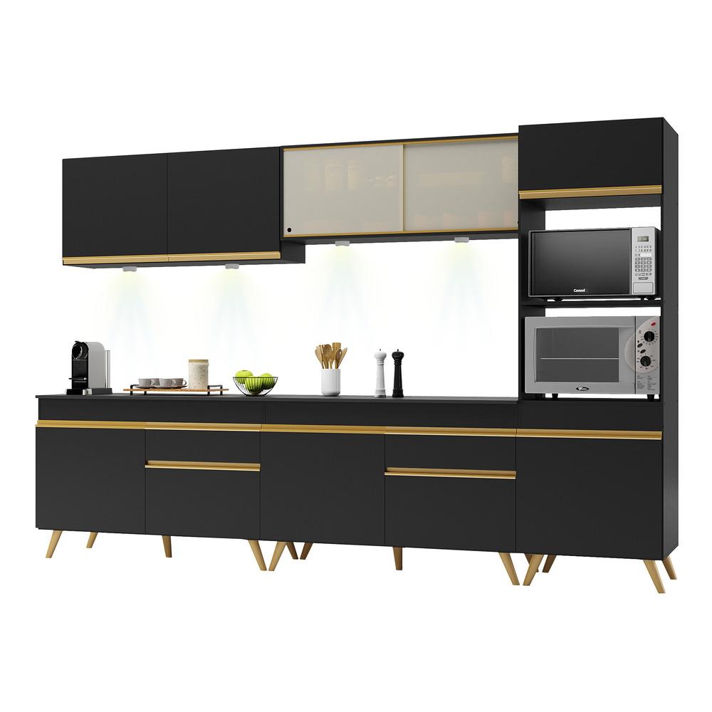 Armário de Cozinha Compacta 302cm com Leds Veneza Up Multimóveis V2014 Preto/Dourado