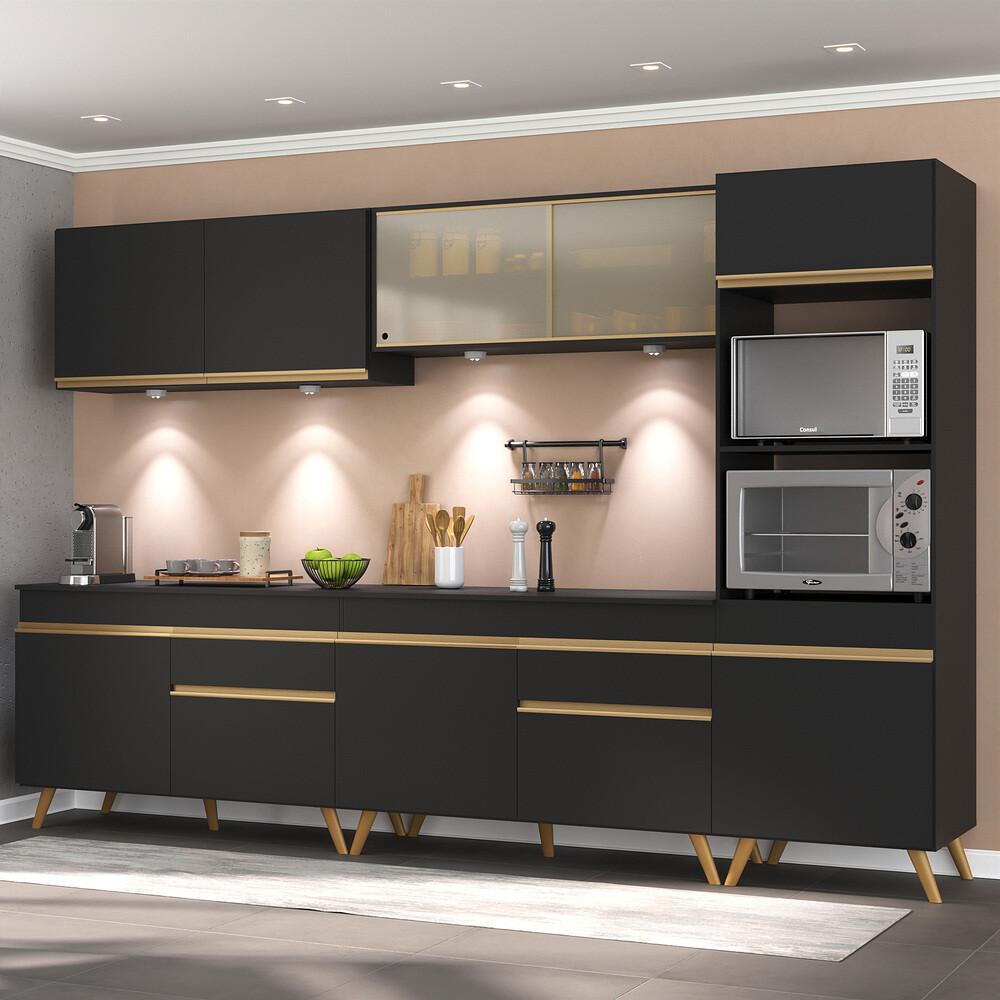 Armário de Cozinha Compacta 302cm com Leds Veneza Up Multimóveis V2014 Preto/Dourado