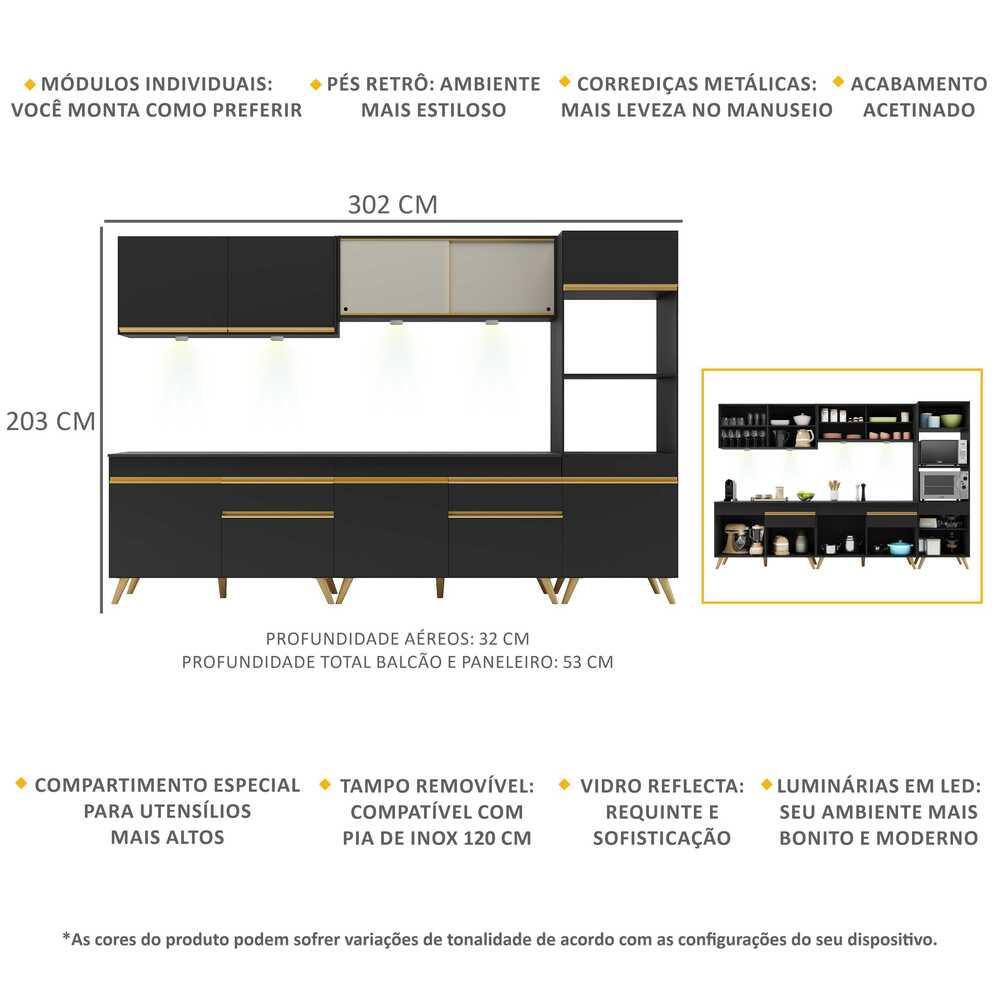 Armário de Cozinha Compacta 302cm com Leds Veneza Up Multimóveis V2014 Preto/Dourado