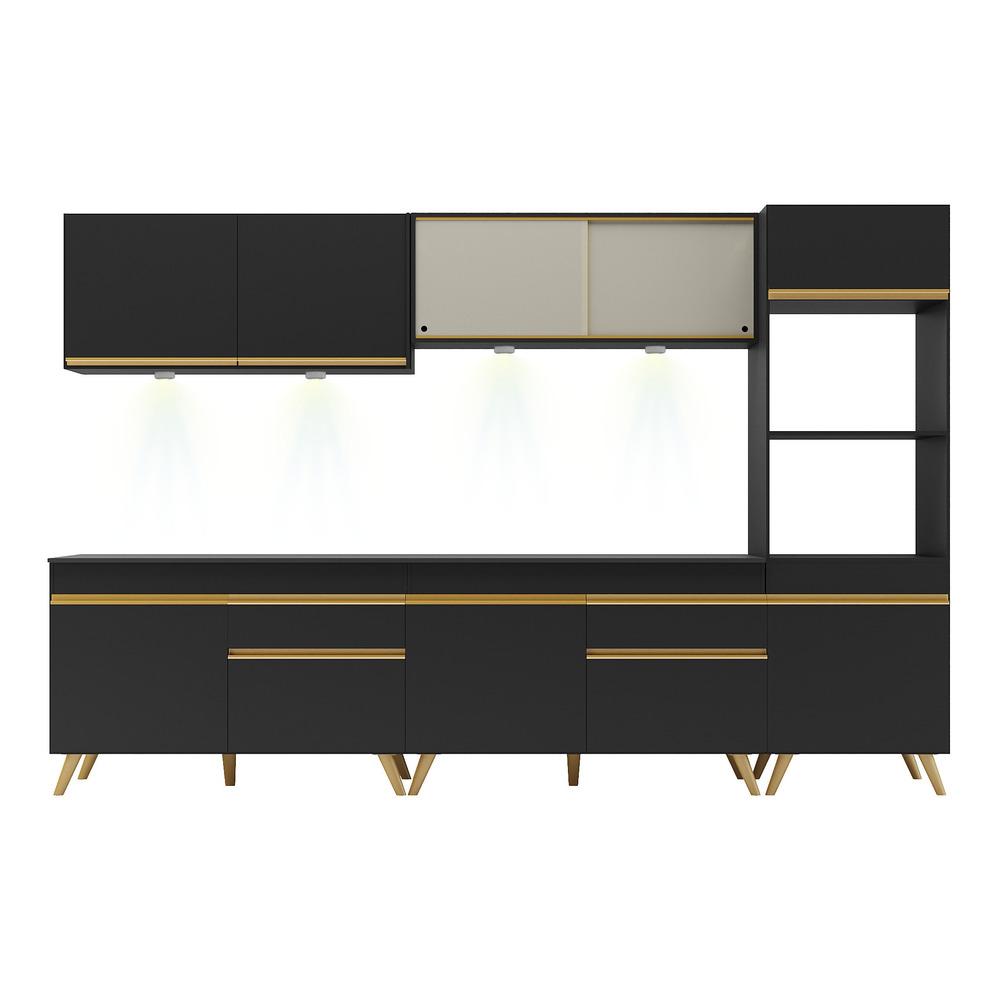 Armário de Cozinha Compacta 302cm com Leds Veneza Up Multimóveis V2014 Preto/Dourado
