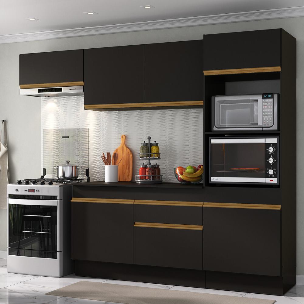 Armário de Cozinha Compacta 4 peças com Rodapé MP2176 Made Multimóveis Preto/Dourado