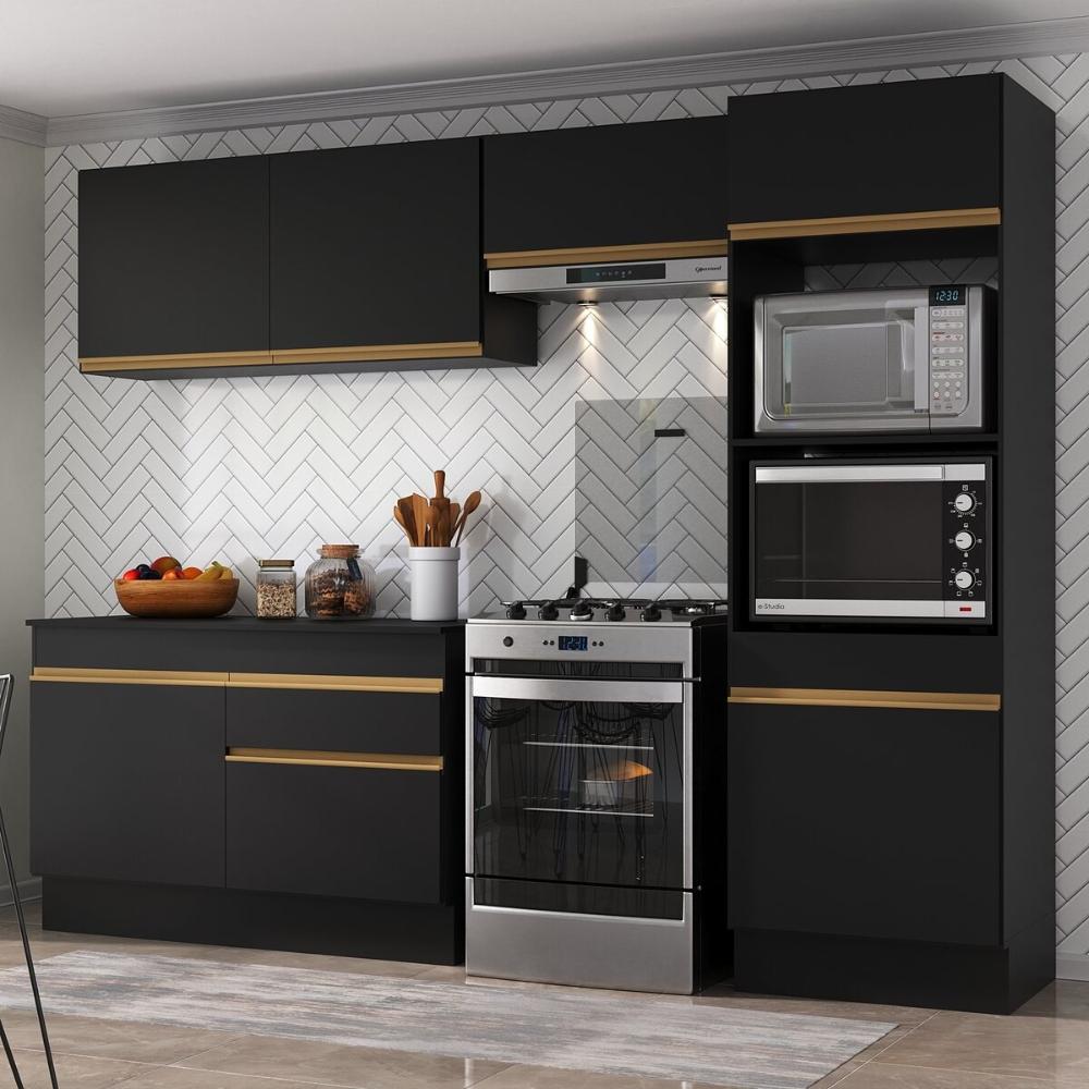 Armário de Cozinha Compacta 4 peças com Rodapé MP2193 Made Multimóveis Preto/Dourado