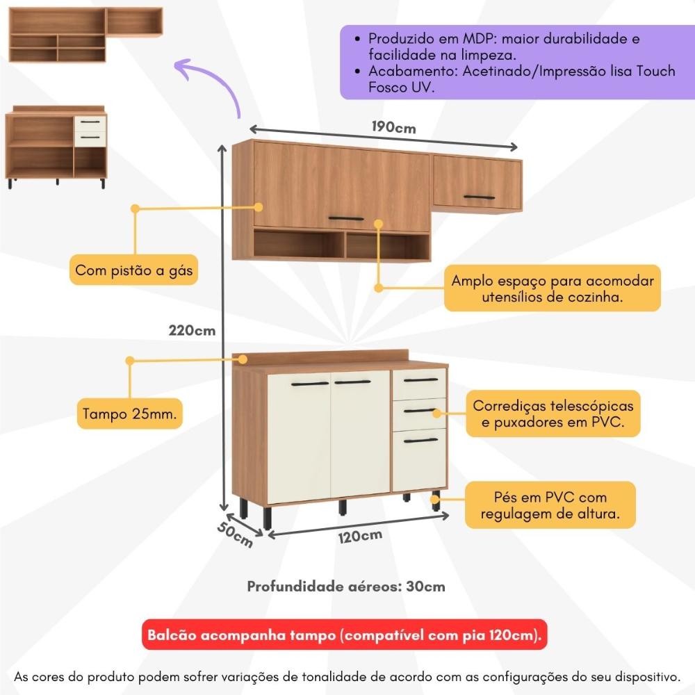 Armário de Cozinha Compacta Modulada 3 Peças com Balcão Havana Multimóveis CR20325 Rovere/Champanhe