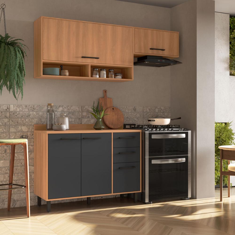 Armário de Cozinha Compacta Modulada 3 Peças com Balcão Havana Multimóveis CR20325 Rovere/Grafite
