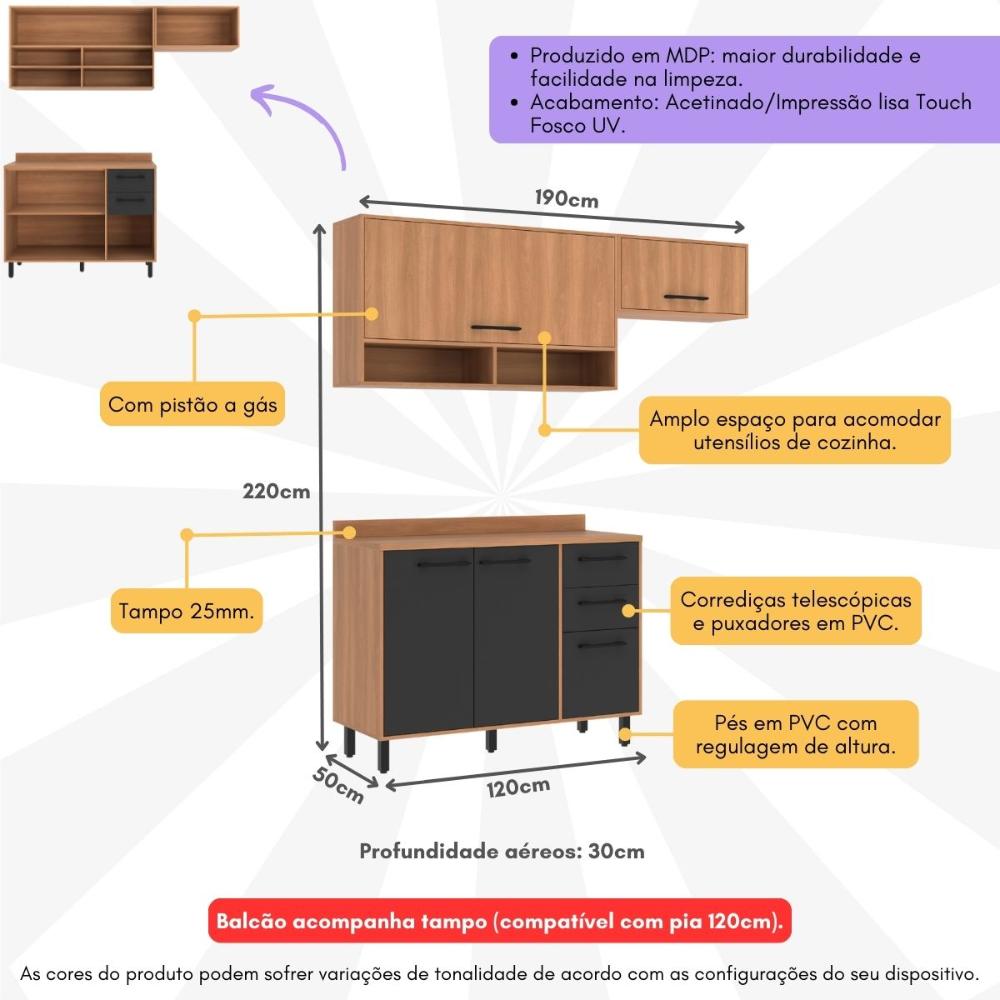 Armário de Cozinha Compacta Modulada 3 Peças com Balcão Havana Multimóveis CR20325 Rovere/Grafite