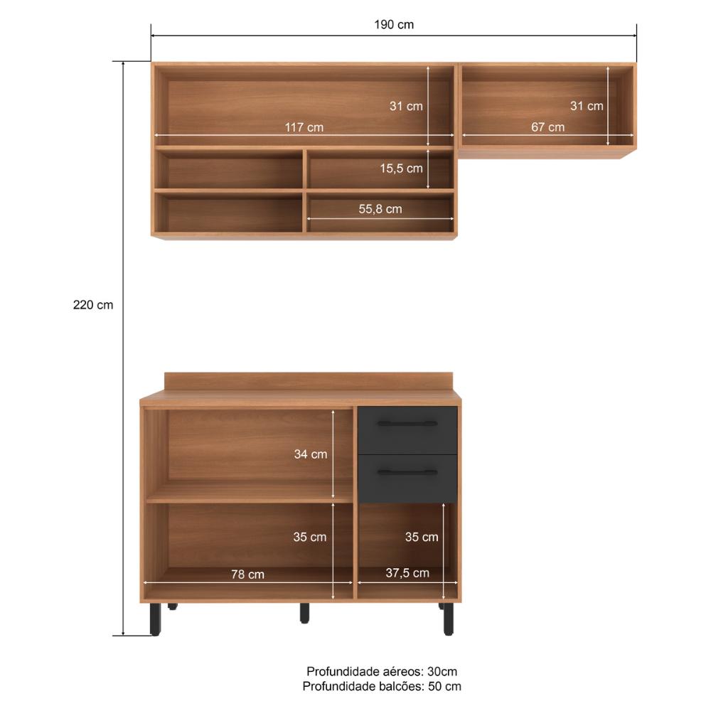 Armário de Cozinha Compacta Modulada 3 Peças com Balcão Havana Multimóveis CR20325 Rovere/Grafite
