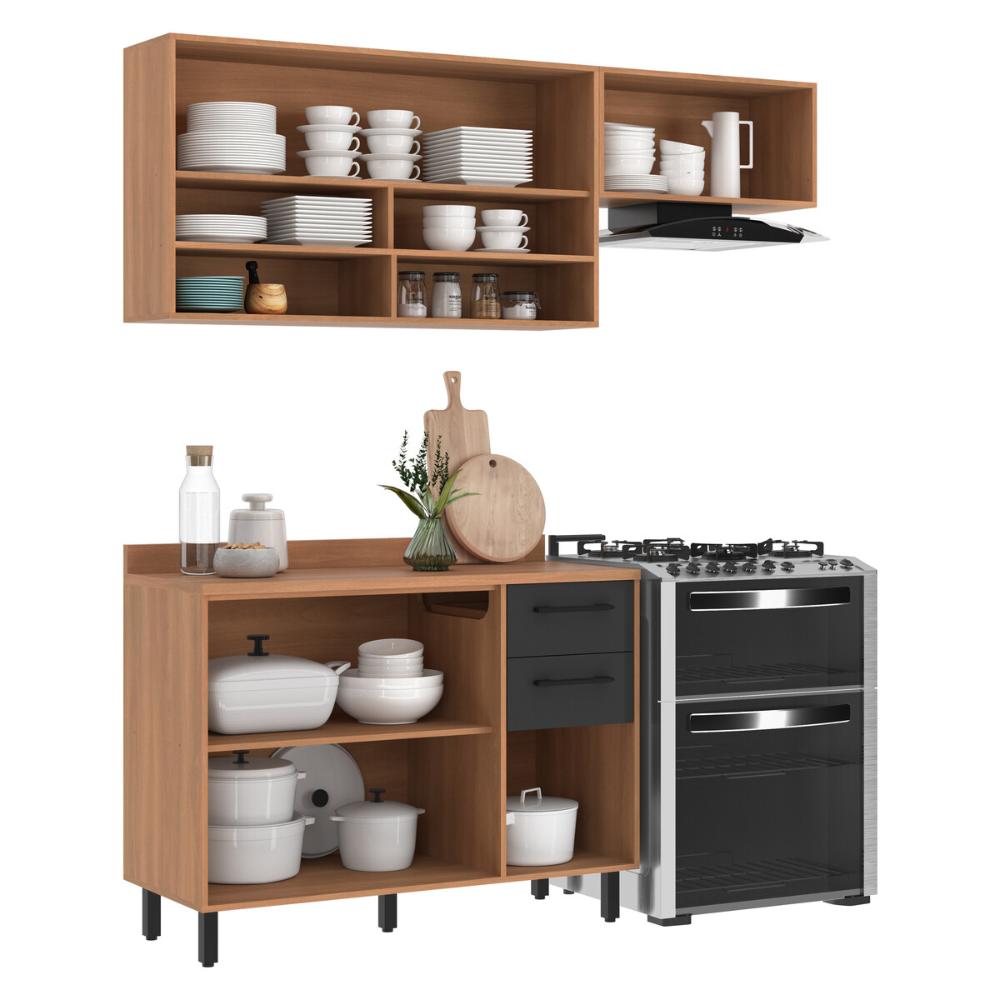 Armário de Cozinha Compacta Modulada 3 Peças com Balcão Havana Multimóveis CR20325 Rovere/Grafite