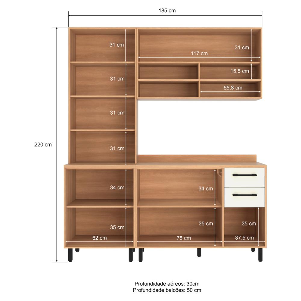 Armário de Cozinha Compacta Modulada 3 Peças com Balcão Havana Multimóveis CR20331 Rovere/Champanhe