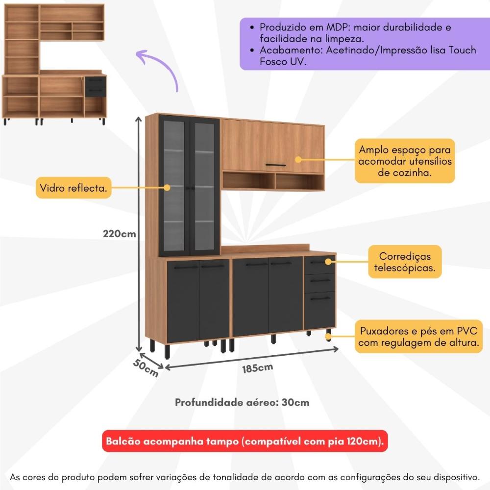 Armário de Cozinha Compacta Modulada 3 Peças com Balcão Havana Multimóveis CR20331 Rovere/Grafite