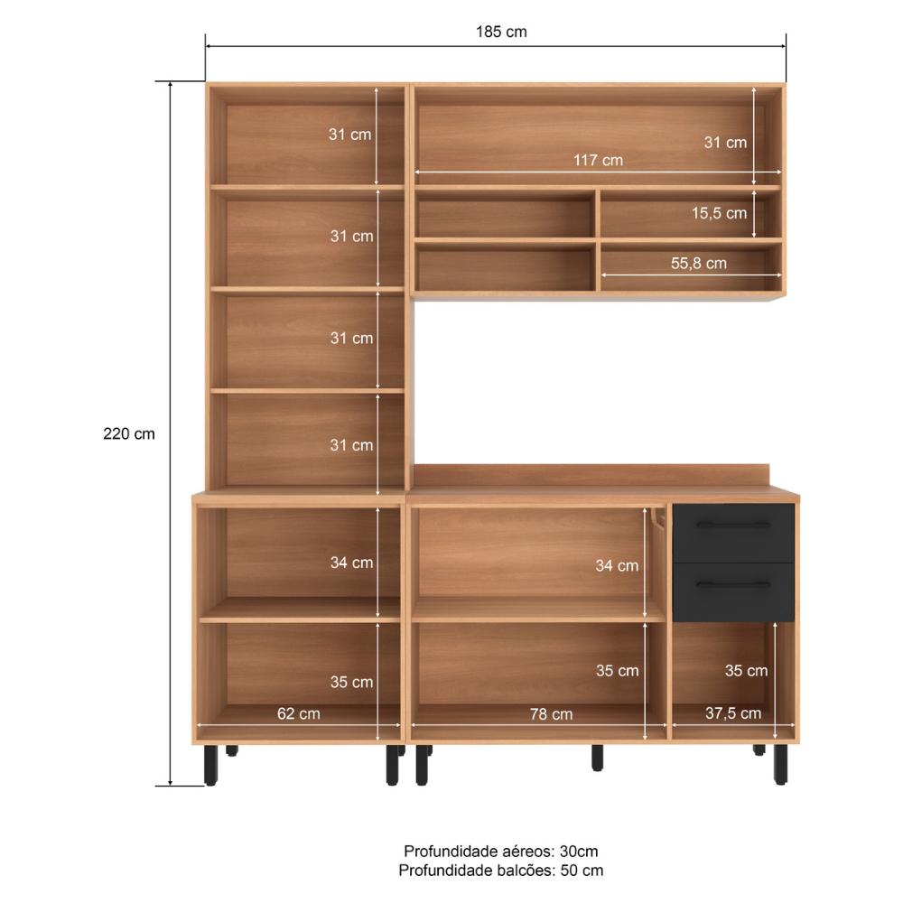 Armário de Cozinha Compacta Modulada 3 Peças com Balcão Havana Multimóveis CR20331 Rovere/Grafite