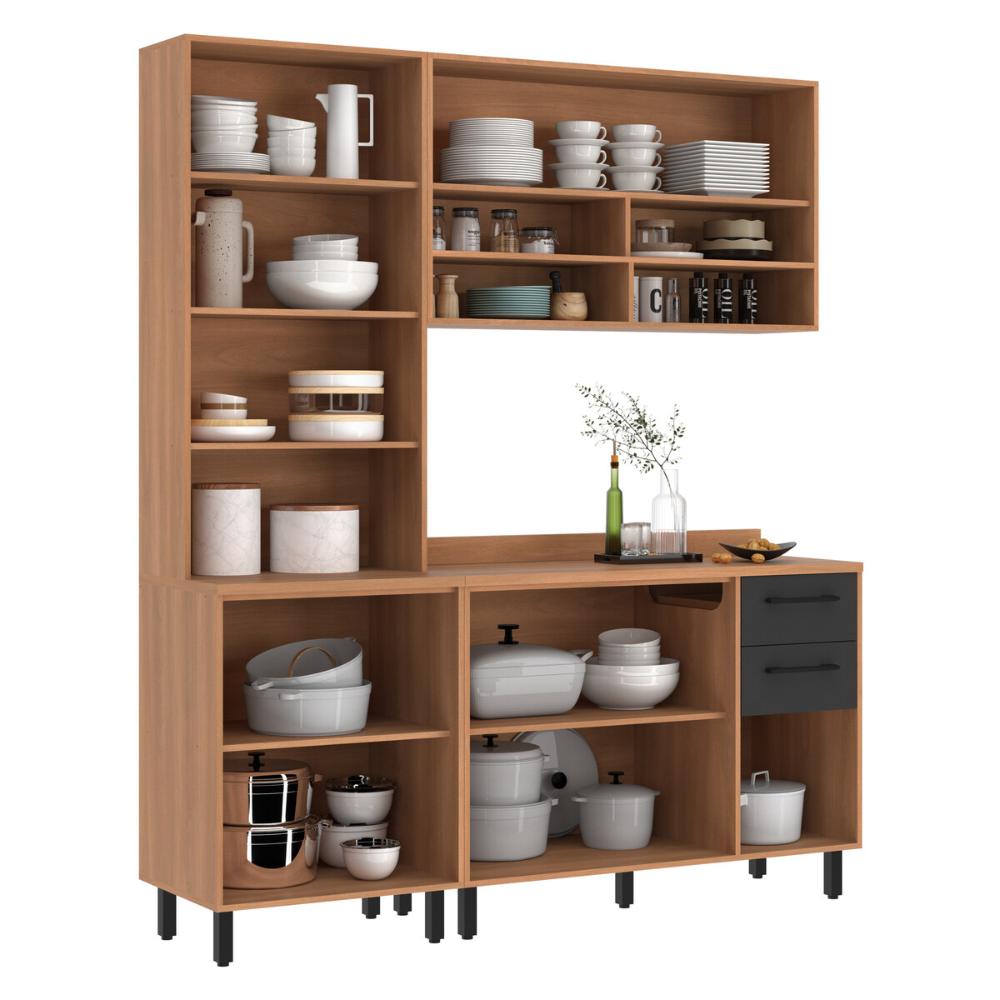 Armário de Cozinha Compacta Modulada 3 Peças com Balcão Havana Multimóveis CR20331 Rovere/Grafite
