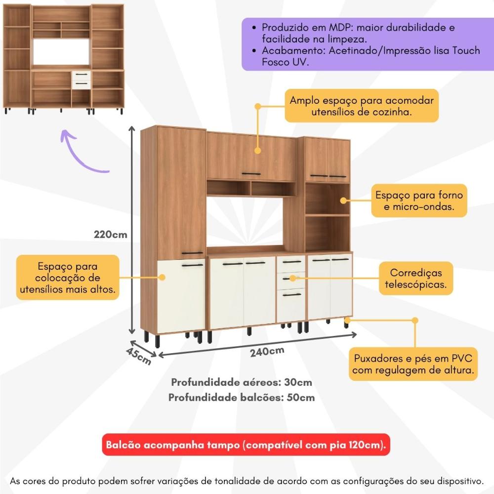 Armário de Cozinha Compacta Modulada 4 Peças Havana Multimóveis CR20329 Rovere/Champanhe