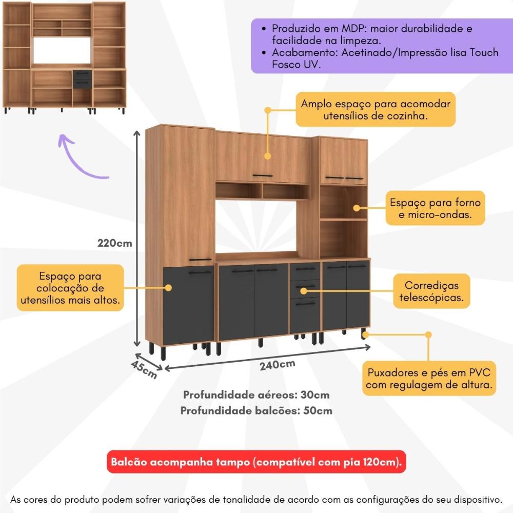 Armário de Cozinha Compacta Modulada 4 Peças Havana Multimóveis CR20329 Rovere/Grafite