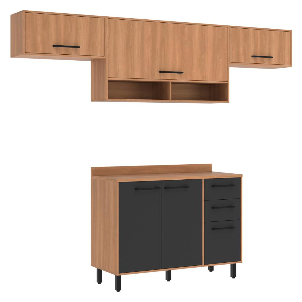 Armário de Cozinha Compacta Modulada 4 Peças com Balcão Havana Multimóveis CR20327 Rovere/Grafite