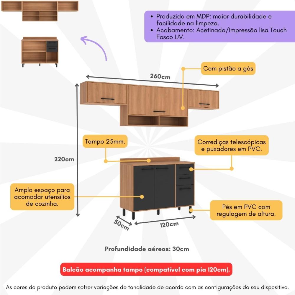 Armário de Cozinha Compacta Modulada 4 Peças com Balcão Havana Multimóveis CR20327 Rovere/Grafite